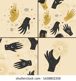 Vintage retro engraving style magic hand. spiritualistic session, witch's palm, cult of space and magic. Vector graphics