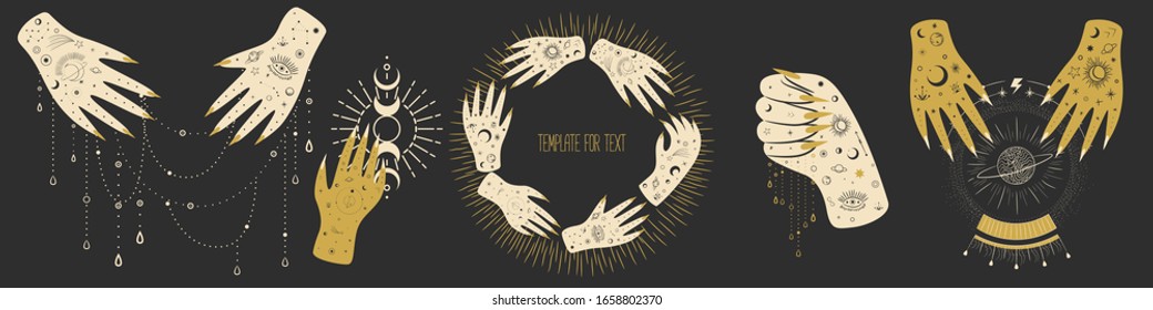 Vintage retro engraving style magic hand. spiritualistic session, witch's palm, cult of space and magic. Vector graphics