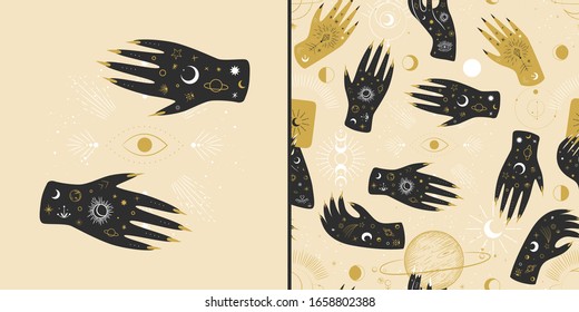 Vintage retro engraving style magic hand. spiritualistic session, witch's palm, cult of space and magic. Vector graphics
