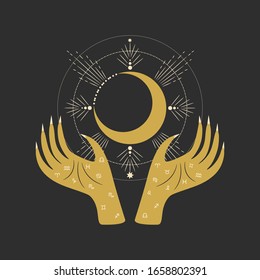 Vintage retro engraving style magic hand. spiritualistic session, witch's palm, cult of space and magic. Vector graphics