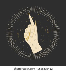 Vintage retro engraving style magic hand. spiritualistic session, witch's palm, cult of space and magic. Vector graphics