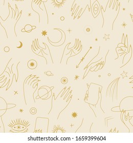 Vintage retro engraving style magic hand silhouette. spiritualistic session, witch's palm, cult of space and magic. Vector graphics