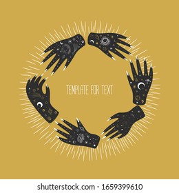 Vintage retro engraving style magic hand silhouette. spiritualistic session, witch's palm, cult of space and magic. Vector graphics