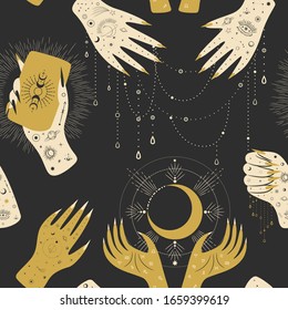 Vintage retro engraving style magic hand silhouette. spiritualistic session, witch's palm, cult of space and magic. Vector graphics