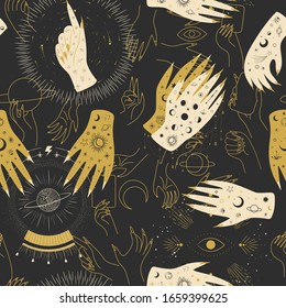 Vintage retro engraving style magic hand silhouette. spiritualistic session, witch's palm, cult of space and magic. Vector graphics