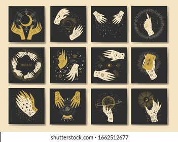 Vintage retro engraving style magic hand silhouette. spiritualistic session, witch's palm, cult of space and magic. Vector graphics