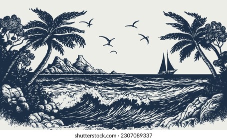VIntage retro engraving style sea nautical marine navy vacation landscape. Adventure vacation cruise vibe. Background outdoor adventure vibe. Graphic Art Vector Illustration.
