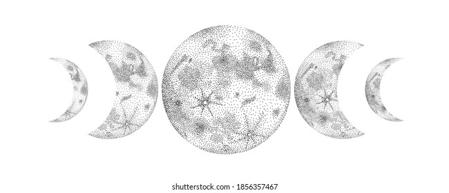 estilo retro vintage de grabado. objetos espaciales, mundo y fases de la luna. gráficos vectoriales, laca de impresión en el interior