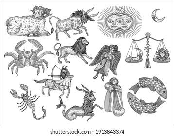 vintage vintage retro engraving style. zodiac sign and astrology. printing on gold foil