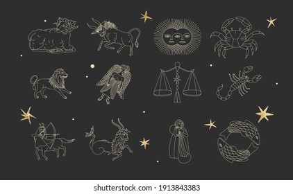 vintage vintage retro engraving style. zodiac sign and astrology. printing on gold foil