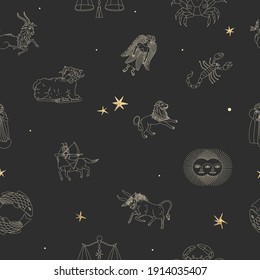 vintage vintage retro engraving style. zodiac sign and astrology. printing on gold foil