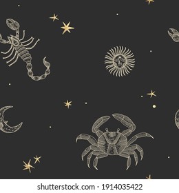 vintage vintage retro engraving style. zodiac sign and astrology. printing on gold foil
