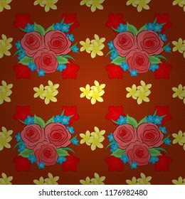 Vintage, retro. Exquisite pattern for design with rose flowers. Trendy print. Beautiful pattern for decoration and design. Seamless pattern with yellow, orange and red roses with green leaves.