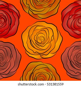 Vintage, retro. Exquisite pattern for design with rose flowers. Trendy print. Beautiful pattern for decoration and design. Seamless watercolor pattern with orange, red and yellow roses.