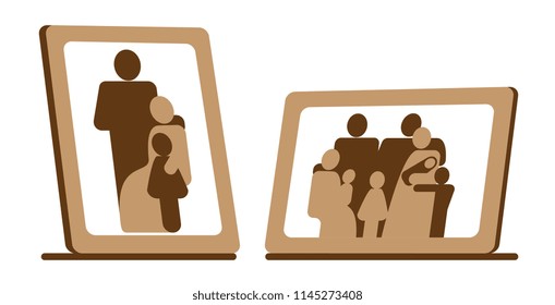 Vintage Retro Family Photos In Frame On Table. Small And Large Family,  Vector Icons