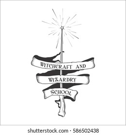 Vintage retro fantasy magic wizard school of witchcraft and wizardry ribbon sign with magic wand logo. Vector illustration on white background