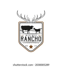 Vintage Retro Farm Cattle Angus Livestock Beef Logo. Wild West Cowboy Ranch. Cow, Goat, And Sheep Icon. Premium And Luxury Logo Template