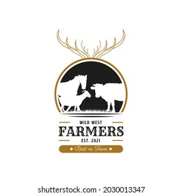 Vintage Retro Farm Cattle Angus Livestock Beef Logo. Wild West Cowboy Ranch. Cow, goat, and sheep icon. Premium and Luxury Logo Template
