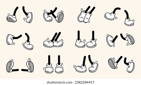 Vintage retro feet and boot vector collection. Comic retro feet in different poses, leg standing, walking, running, jumping. Isolated mascot footwear 1920 to 1950s.