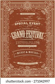 Vintage Retro Festival Poster Background/
Illustration of a  retro vintage festival poster background with floral and royal shapes, frames, banners and grunge texture