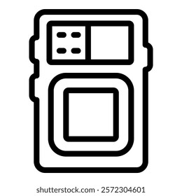 Vintage retro film camera icon in black and white line drawing, illustration, and design element for photography equipment, classic analog hobby art, vector digital download, nostalgia, and memory