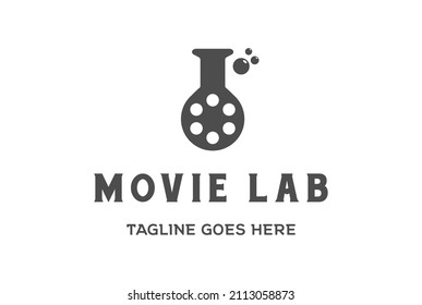 Vintage Retro Film Reel with Lab Glass for Movie Cinema Logo Design