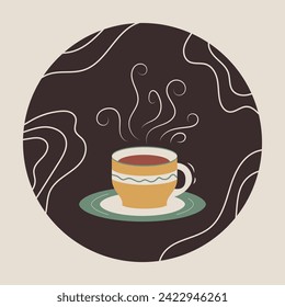 Vintage retro flat Scandinavian tea cup with plate and steam. Cozy cottage hot drink, beverage. Ceramic tea cup Packaging, cafe, teashop, social media stories. Isolated hand drawn art illustration