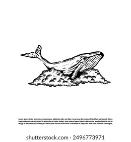 Vintage retro flying and swimming whale in the sky vector illustration