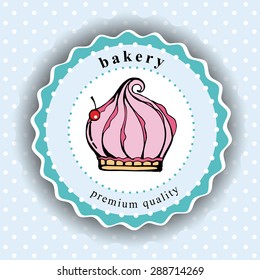 Vintage retro food label, badge and icon. Cake. Bakery. Hand drawn illustration. Bakery flat icon isolated on background, cafe, restaurant or pastry menu design. Pastry shop