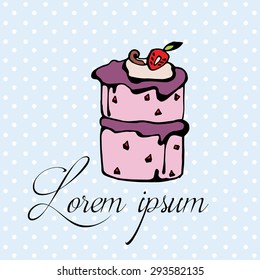 Vintage retro food logo, badge and icon. Cake. Bakery. Hand drawn illustration. Bakery flat icon isolated on background, cafe, restaurant or pastry menu design.  Logo Pastry shop