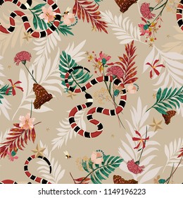 Vintage retro forest in seamless pattern vector with snake , wild leaves ,flowers,insect,butterfly,bees for fashion and all prints on light beige background