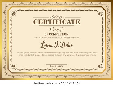 Vintage retro frame certificate background design template, gold detailed certificate, Gold photo frame with corner thailand line floral for picture.
