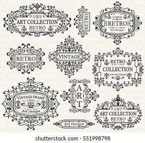 Vintage retro frames, ornate decorative elements, calligraphic ornaments. Flourishes patterns with swirls and scrolls for wedding invitations, page decor, banners, cards, certificates, diplomas, menu