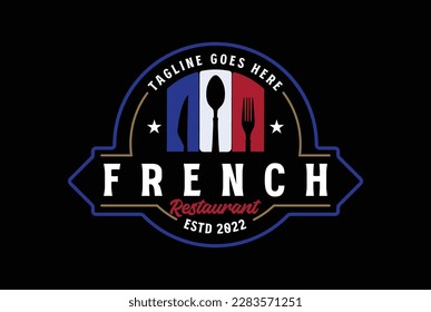 Vintage Retro France French Flag with Spoon Knife Fork for Cafe Restaurant Food Culinary Catering Label Logo Design