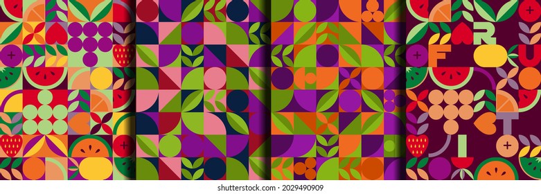 Vintage retro fruit abstract vector seamless patterns set.