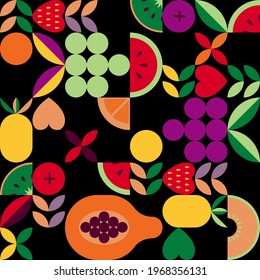 Vintage retro fruit vector seamless pattern. Abstract geometric shape ornament with leaves, fruits and berries. Modern stylish background for home and textile print, tile, wallpaper and wrapping