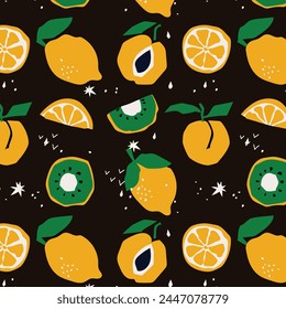 Antiguas retro Vector de frutas sin patrón. Abstractas forma geométrica adorno con hojas, limón, frutas de naranja. Fondo elegante moderno para el hogar y la impresión textil, Fondo de pantalla y envoltura