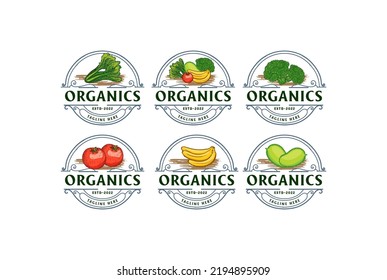 Vintage Retro Fruit and Vegetables Mustard Broccoli Banana Tomato Mango Badge Emblem Label for Farm Garden Logo Design