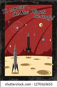 Vintage Retro Future Space Propaganda Poster Mid Century 1960s Stylization Rocket Launch Pad and Grunge Effect