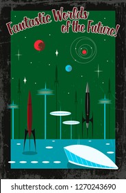 Vintage Retro Future Space Propaganda Poster Mid Century 1960s Stylization Space Rockets, Fantastic Buildings And Grunge Effect