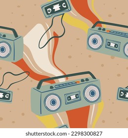 Vintage retro gadget for playing and recording music and songs. Old magneto phone with cassette tape. Buttons on appliance. Seamless pattern, wallpaper print or background. Vector in flat style