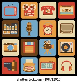 Vintage retro gadgets icons set of radio vinyl player alarm clock isolated vector illustration