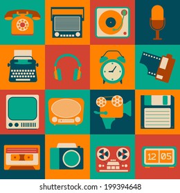 Vintage retro gadgets icons set of microphone telephone typewriter isolated vector illustration