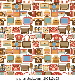 Vintage retro gadgets seamless pattern with radio vinyl player alarm clock isolated vector illustration
