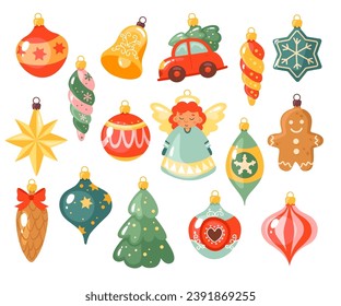 Vintage retro glass Christmas fir tree toys, baubles, ornaments of different shape isolated set. Old-fashioned seasonal decoration for Xmas fir plant to traditional winter holidays vector illustration