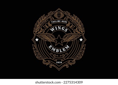 Vintage Retro Golden Star Wings Ornament Border Frame Royal Badge Emblem Stamp Label Logo Design Vector