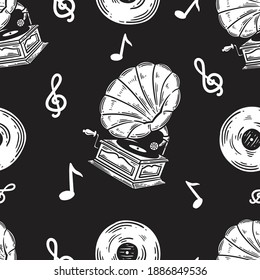 Vintage Retro gramophone seamless pattern on Black Background