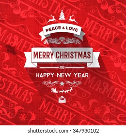 Vintage retro grange trendy Merry Christmas card and New Year wish greeting. Vector illustration with white text inscription on red grange retro background for flyer, magazine, wallpaper, booklets