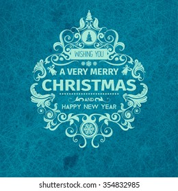 Vintage retro grange trendy Merry Christmas card and New Year wish greeting. Vector illustration with pale blue text inscription on blue grange retro background for  magazine, wallpaper, booklets
