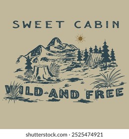 vintage and retro graphic design of a cabin in the forest with pine trees beside it and mountains behind it